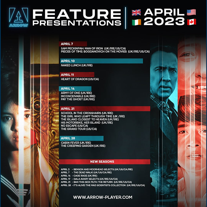 ARROW Announces Classic and Cutting Edge Cult Cinema Lineup for April 2023 ARROW cult cinema lineup for April 2023 Image Alt Tags: ARROW cult cinema, April 2023 lineup, classic and cutting edge movies Image caption: Arrow Video offers a diverse selection of cult cinema for its ARROW platform in April 2023.